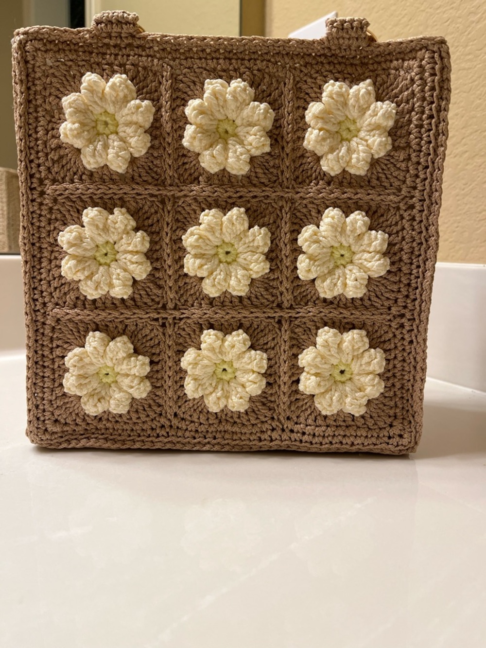 Hand-Crocheted Floral Tote in Brown and Cream